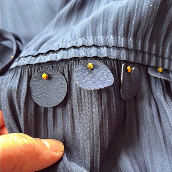 Ramy Brook Navy Blouse with Gold Details and Pleated Sleeves. Size M. - Picture 8 of 9